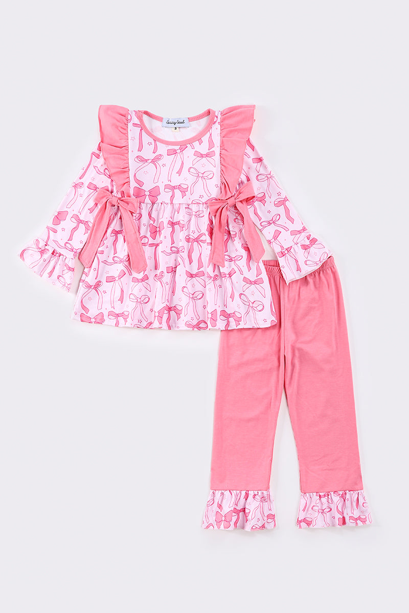 Pink bow print girl ruffle pants set